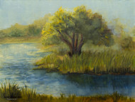 Carrollton Lake Landscape by artist Oksana Ossipov, original 12 by 9 inch oil painting on linen panel. Green landscape of a lone tree on the lake in Carrollton, Texas.