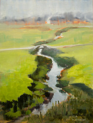 Castle Hills Creek painting by artist Oksana Ossipov, original 9 by 12 inch oil painting on linen panel. This is a landscape painting of a creek among the green grasses.