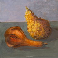 Small acrylic painting of two gourds on a gray table. One of the gourds is orange, and the other one is yellow.