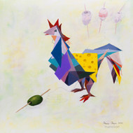 Abstract painting of a rooster comprised of triangles and colorful shapes. It's holding a piece of cheese behind its wing. The rooster is in the center of the painting. There's a green olive on a toothpick in the bottom left corner, three fishing bobbers in the fog in the upper right corner. All of these objects are united by a silver fishing line.