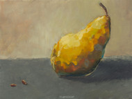 This is an oil painting of a single yellow pear on the right and two pear seeds in the bottom left corner.