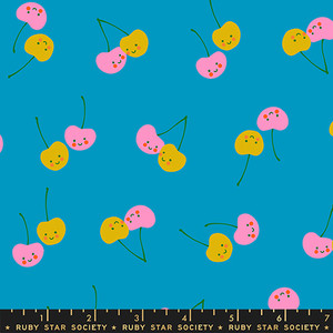 Cherry Friends Bright Blue from the Trinketry quilting fabric collection designed by Melody Miller for Ruby Star Society. 100% cotton quilting fabric, ideal for quilting, patchwork and dressmaking RS0112-14