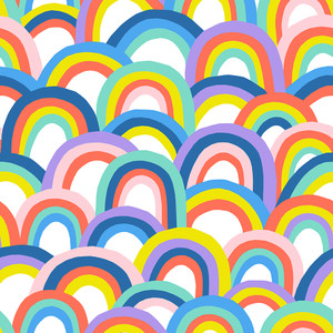 Rainbows Bright from the Over the Rainbow quilting fabric collection designed by Ampersand Design Studio for Paintbrush Studio Fabrics (PBS Fabrics). 100% cotton quilting fabric, ideal for quilting, patchwork and dressmaking 120-19411