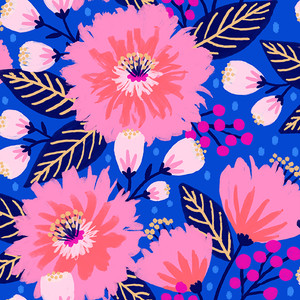 Dahlia Party Dark Blue Pink from the Vibrant Blooms quilting fabric collection designed by Jess Phoenix for Paintbrush Studio Fabrics (PBS Fabrics). 100% cotton quilting fabric, ideal for quilting, patchwork and dressmaking 120-22229