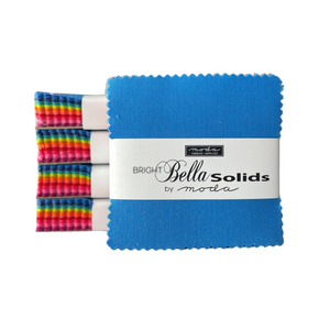 Bella Solids Bright Mini Charm Pack quilting fabric by Moda Fabrics. 100% cotton quilting fabric, ideal for quilting, patchwork and dressmaking
