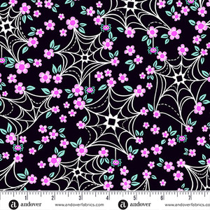 Web and Bloom Black from the Ghostly Garden Halloween quilting fabric collection designed by KP Creates for Andover Fabrics. 100% cotton quilting fabric, ideal for quilting, patchwork and dressmaking A-10198-K