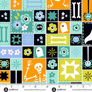 Sew Spooky Aqua from the Ghostly Garden Halloween quilting fabric collection designed by KP Creates for Andover Fabrics. 100% cotton quilting fabric, ideal for quilting, patchwork and dressmaking A-10195-T