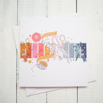 Pin, Stitch, Button, Snip Greetings Card