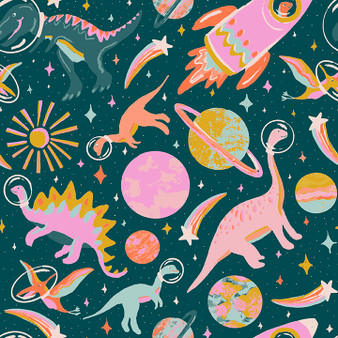 Dinos in Space Sweet from the Dino Daydreams quilting fabric collection designed by Iris and Sea for Paintbrush Studio Fabrics (PBS Fabrics). 100% cotton quilting fabric, ideal for quilting, patchwork and dressmaking 120-23483