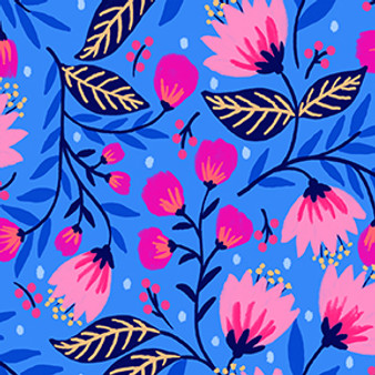Parlor Blue Pink from the Vibrant Blooms quilting fabric collection designed by Jess Phoenix for Paintbrush Studio Fabrics (PBS Fabrics). 100% cotton quilting fabric, ideal for quilting, patchwork and dressmaking 120-22236