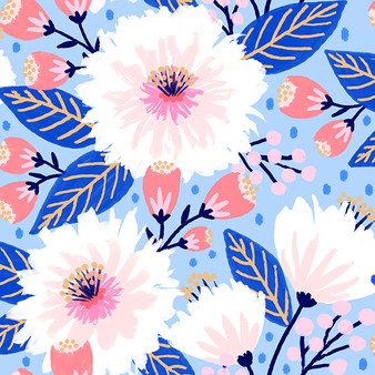 Dahlia Party Light Blue White from the Vibrant Blooms quilting fabric collection designed by Jess Phoenix for Paintbrush Studio Fabrics (PBS Fabrics). 100% cotton quilting fabric, ideal for quilting, patchwork and dressmaking 120-22228