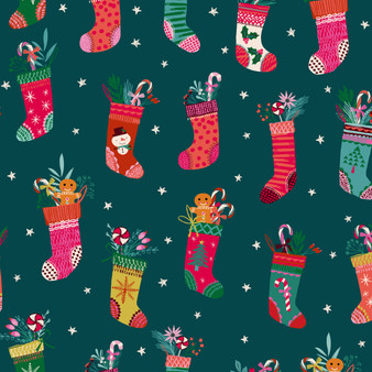 CANDY2505 Christmas Stockings from the Candy Cane Christmas collection designed by Helen Black for Dashwood Studio. 100% medium weight quilting cotton ideal for quilting, patchwork and dressmaking.