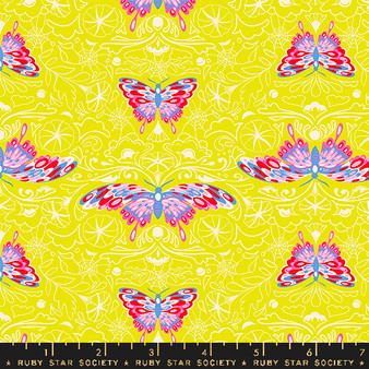 Morning Moth Citron from the Glow Garden quilting fabric collection designed by Sarah Watts for Ruby Star Society. 100% cotton quilting fabric, ideal for quilting, patchwork and dressmaking RS2116-14N
