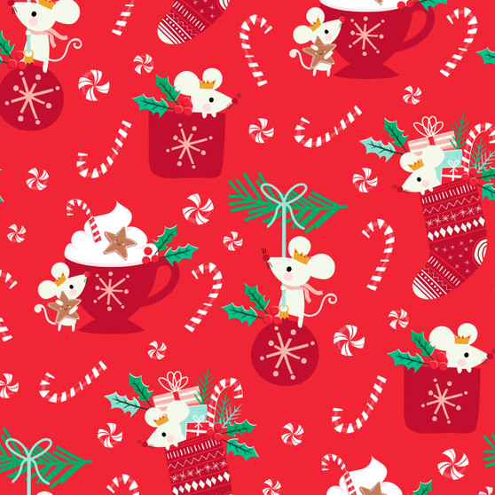 COSY2265 Christmas Mice Red from the Cosy Christmas collection designed by Jane Farnham for Dashwood Studio. 100% medium weight quilting cotton ideal for quilting, patchwork and dressmaking.