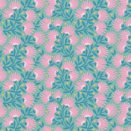 Daisy Dance Mint from the Sunday Meadow quilting fabric collection by Paintbrush Studio Fabrics (PBS Fabrics). 100% cotton quilting fabric, ideal for quilting, patchwork and dressmaking 120-22926