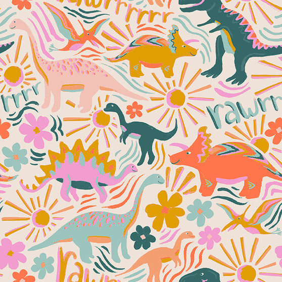 Dinos Sweet from the Dino Daydreams quilting fabric collection designed by Iris and Sea for Paintbrush Studio Fabrics (PBS Fabrics). 100% cotton quilting fabric, ideal for quilting, patchwork and dressmaking 120-23490