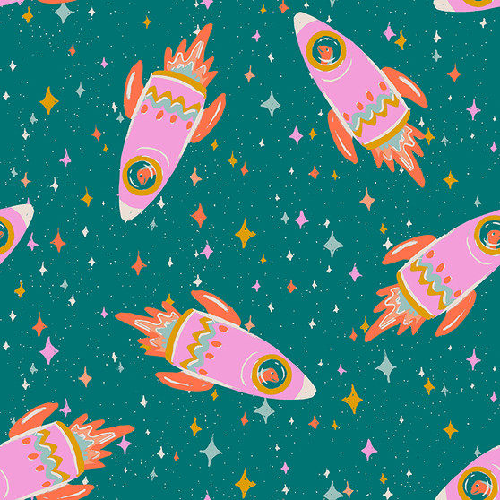 Rockets Sweet from the Dino Daydreams quilting fabric collection designed by Iris and Sea for Paintbrush Studio Fabrics (PBS Fabrics). 100% cotton quilting fabric, ideal for quilting, patchwork and dressmaking 120-23488