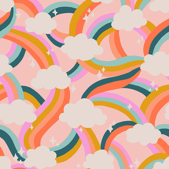 Rainbows and Clouds Sweet from the Dino Daydreams quilting fabric collection designed by Iris and Sea for Paintbrush Studio Fabrics (PBS Fabrics). 100% cotton quilting fabric, ideal for quilting, patchwork and dressmaking 120-23485