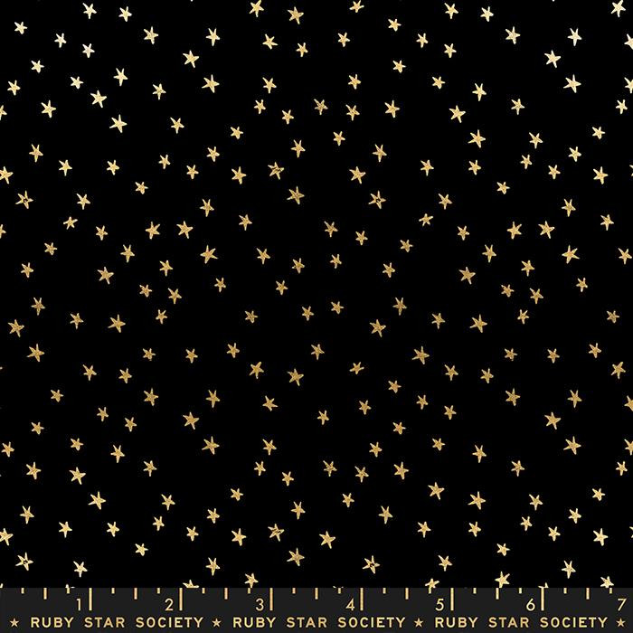Mini Starry Black Gold from the Starry quilting fabric collection by Ruby Star Society. 100% cotton quilting fabric, ideal for quilting, patchwork and dressmaking RS4110-27M