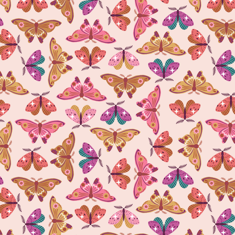 Pastel Moths from the Wild Folk fabric collection designed by Bethan Janine for Dashwood Studio. 100% OEKO-TEX Certified Standard Quilting and Patchwork Cotton Fabric WFLK2542