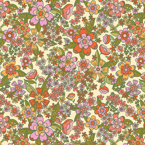 Stay Groovy Sunshine from the Flower Bloom quilting fabric collection designed by AGF Studio for Art Gallery Fabrics. 100% cotton quilting fabric, ideal for quilting, patchwork and dressmaking FBL90704