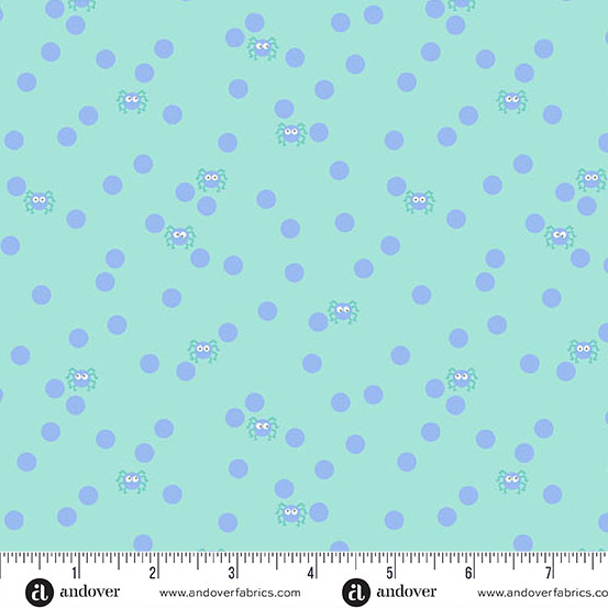 Spin and Spot Aqua from the Ghostly Garden Halloween quilting fabric collection designed by KP Creates for Andover Fabrics. 100% cotton quilting fabric, ideal for quilting, patchwork and dressmaking A-10200-T
