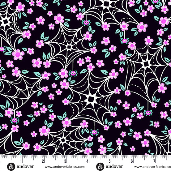 Web and Bloom Black from the Ghostly Garden Halloween quilting fabric collection designed by KP Creates for Andover Fabrics. 100% cotton quilting fabric, ideal for quilting, patchwork and dressmaking A-10198-K
