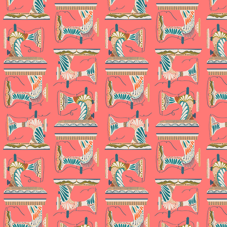 Sewing Machines Coral from the Country Sewing Club quilting fabric collection designed by Lena Morris for Thread and Ink Design. 100% cotton quilting fabric, ideal for quilting, patchwork and dressmaking CSEW1033