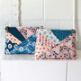Diagonal Zip Pouch made using Tiny and Wild quilting fabric collection designed by Sue Gibbins for Cloud9 Fabrics. 100% organic cotton quilting fabric, ideal for quilting, patchwork and dressmaking