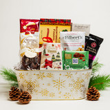 Imported cookies, a Mini Chocolate Chip Panettone, Mr. Filbert's Mixed Nuts, and so much more are all packaged in a beautiful ivory metal container with gold snowflakes. Great for sharing, makes a perfect gift for friends and family. Order yours today!