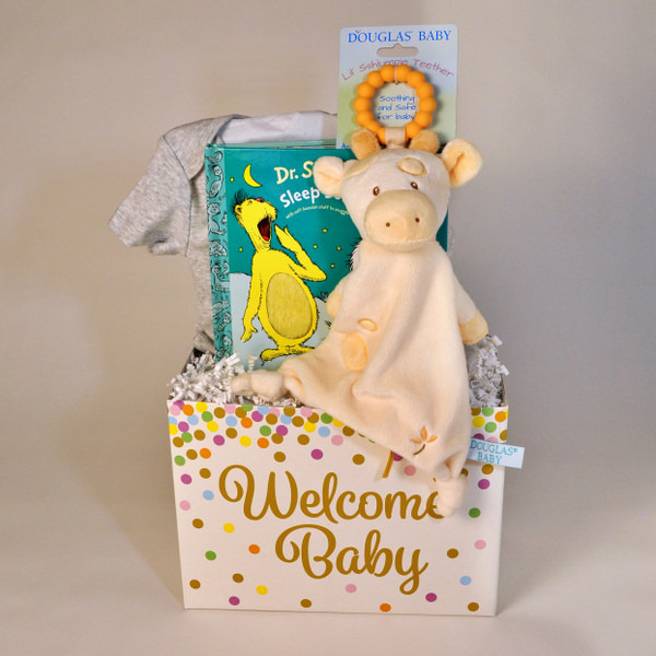 This adorable Cream Giraffe Lil' Schlumpie Teether by Douglas Baby Cuddle Toys is super soft and easy to hold. Also included in this cute Welcome Baby box is the Sleep Softly Book by Dr. Seuss and a onesie in neutral colors for the newly arrived baby! Suitable for boys and girls.