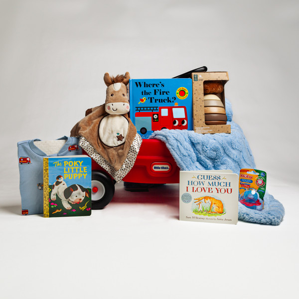 A wagon full of baby items to celebrate the new arrival! A Little Tikes Toy Wagon piled high with board books, a super soft, oh so cuddly snuggler, toys and more! 