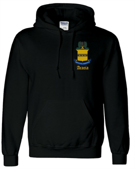 Embroidered Acacia Greek crest on a black hoodie.