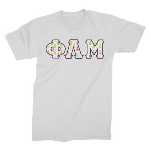 Pineapple Greek Letters with navy background material on a sport grey t-shirt.