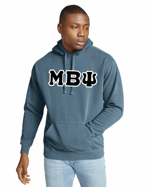 Mu Beta Psi Comfort Colors Greek Letter Hoodie, shown in color Blue Jean