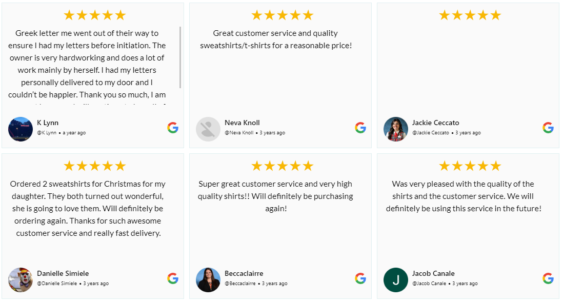 GRID OF REVIEWS FOR GREEK LETTER ME FROM GOOGLE REVIEWS