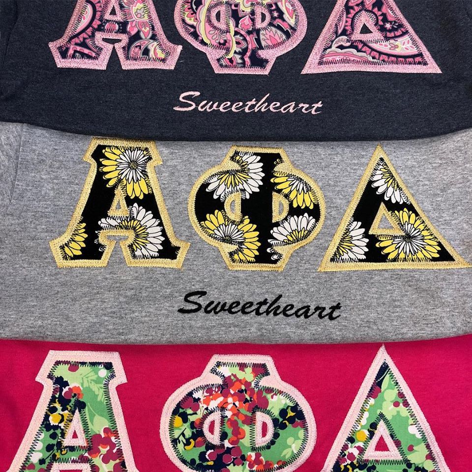 Alpha Phi Delta Sweetheart Shirts embroidered.