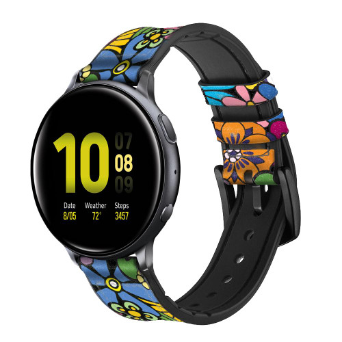 CA0649 Colorful Hippie Flowers Pattern Leather & Silicone Smart Watch Band Strap For Samsung Galaxy Watch, Gear, Active