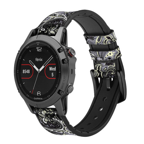 CA0635 Batik Flower Pattern Leather & Silicone Smart Watch Band Strap For Garmin Smartwatch