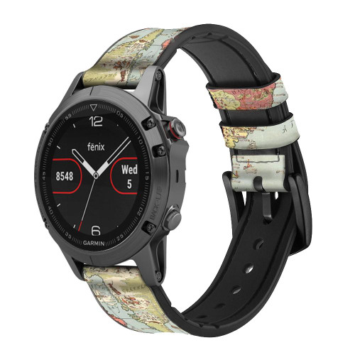 CA0719 Vintage World Map Leather & Silicone Smart Watch Band Strap For Garmin Smartwatch