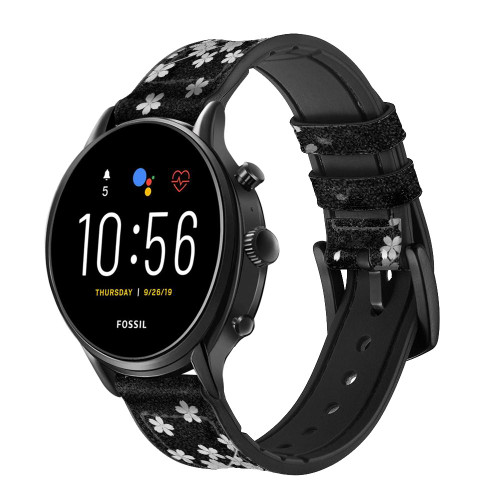 CA0368 Japanese Kimono Style Black Flower Pattern Leather & Silicone Smart Watch Band Strap For Fossil Smartwatch
