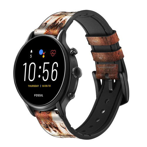 CA0405 Vintage Welding Helmet Leather & Silicone Smart Watch Band Strap For Fossil Smartwatch