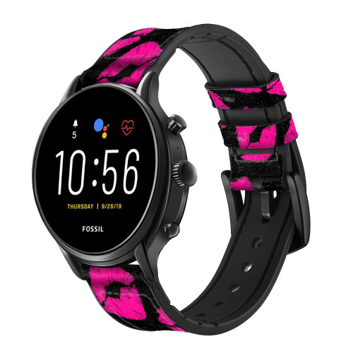 CA0512 Pink Lips Kisses on Black Leather & Silicone Smart Watch Band Strap For Fossil Smartwatch