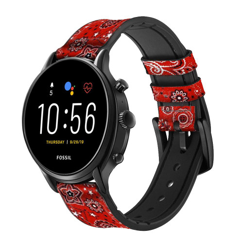 CA0668 Red Classic Bandana Leather & Silicone Smart Watch Band Strap For Fossil Smartwatch