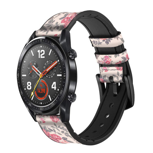 CA0575 Vintage Rose Pattern Leather & Silicone Smart Watch Band Strap For Wristwatch Smartwatch