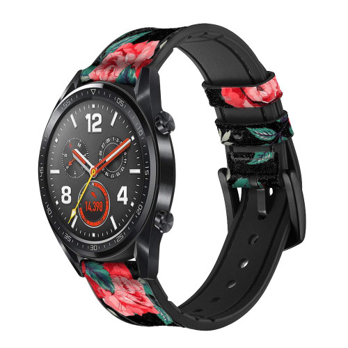 CA0580 Rose Floral Pattern Black Leather & Silicone Smart Watch Band Strap For Wristwatch Smartwatch