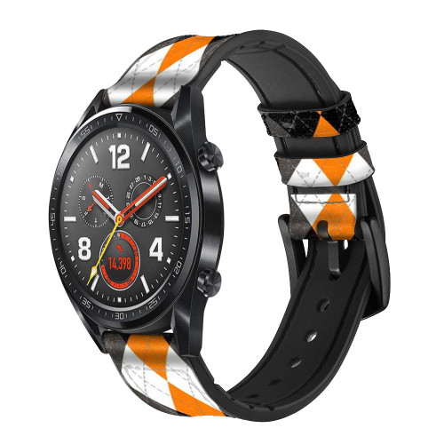 CA0722 Black Orange White Argyle Plaid Leather & Silicone Smart Watch Band Strap For Wristwatch Smartwatch