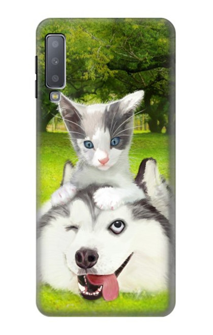 S3795 Grumpy Kitten Cat Playful Siberian Husky Dog Paint Case For Samsung Galaxy A7 (2018)