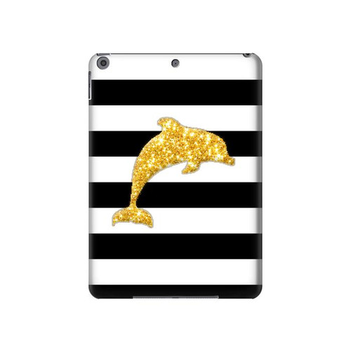 S2882 Black and White Striped Gold Dolphin Hard Case For iPad 10.2 (2021,2020,2019), iPad 9 8 7