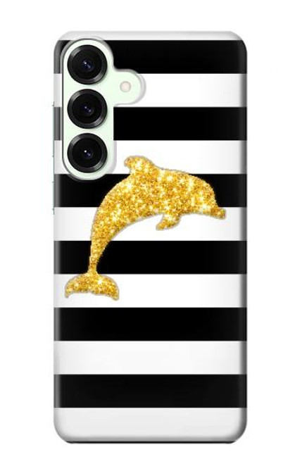 S2882 Black and White Striped Gold Dolphin Case For Samsung Galaxy S25 Plus